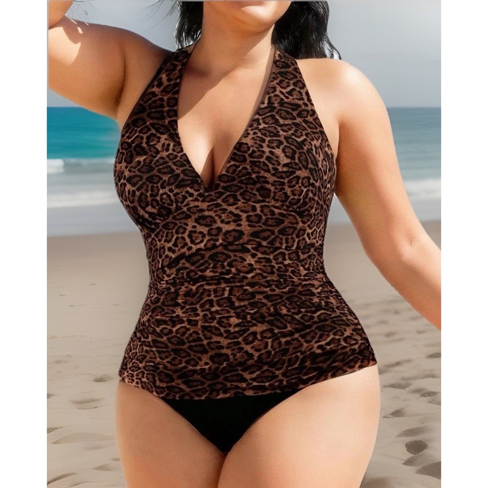 W Slimming One Piece Swimsuit -leopard-3XL V Neck Halter, Tummy Control